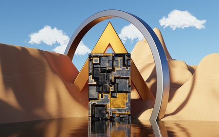 Abstract Dune cliff sand with metallic Arches and clean blue cloud sky. Surreal minimal Desert natural landscape background. Scene of Desert with glossy metallic arches geometric design. 3D Render.の写真素材