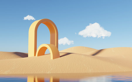Abstract Dune cliff sand with metallic Arches and clean blue cloud sky. Surreal minimal Desert natural landscape background. Scene of Desert with glossy metallic arches geometric design. 3D Render.の写真素材