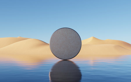 Abstract Dune cliff sand with metallic Arches and clean blue cloud sky. Surreal minimal Desert natural landscape background. Scene of Desert with glossy metallic arches geometric design. 3D Render.の写真素材
