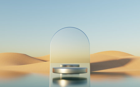 Abstract Dune cliff sand with metallic Podium stand platform. Surreal Desert natural landscape background. Scene of Desert with glossy metallic arches geometric design. 3D Render.の写真素材