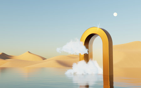 Abstract Dune cliff sand with metallic Arches and clean blue cloud sky. Surreal minimal Desert natural landscape background. Scene of Desert with glossy metallic arches geometric design. 3D Render.の写真素材