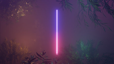 Abstract colorful neon glowing light with leaves background. Speed light illuminated. Florescent on the dark scene. Curvy moving line shape. 3D render.の写真素材