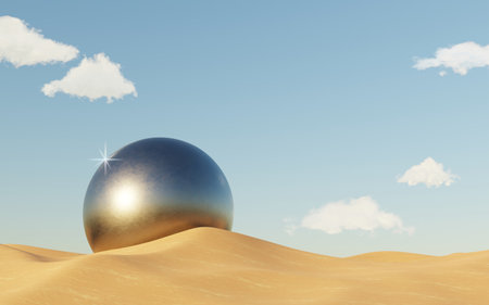 Abstract Dune cliff sand with metallic Arches and clean blue cloud sky. Surreal minimal Desert natural landscape background. Scene of Desert with glossy metallic arches geometric design. 3D Render.の写真素材