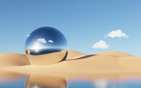 Abstract Dune cliff sand with metallic Arches and clean blue cloud sky. Surreal minimal Desert natural landscape background. Scene of Desert with glossy metallic arches geometric design. 3D Render.の写真素材