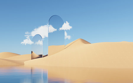 Abstract Dune cliff sand with metallic Arches and clean blue cloud sky. Surreal minimal Desert natural landscape background. Scene of Desert with glossy metallic arches geometric design. 3D Render.の写真素材