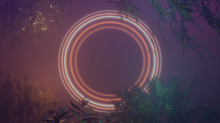 Abstract colorful neon glowing light with leaves background. Speed light illuminated. Florescent on the dark scene. Curvy moving line shape. 3D render.の写真素材