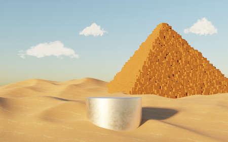 Abstract Dune cliff sand with metallic Podium stand platform. Surreal Desert natural landscape background. Scene of Desert with glossy metallic arches geometric design. 3D Render.の写真素材