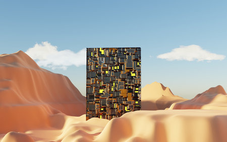 Abstract Dune cliff sand with metallic Arches and clean blue cloud sky. Surreal minimal Desert natural landscape background. Scene of Desert with glossy metallic arches geometric design. 3D Render.の写真素材