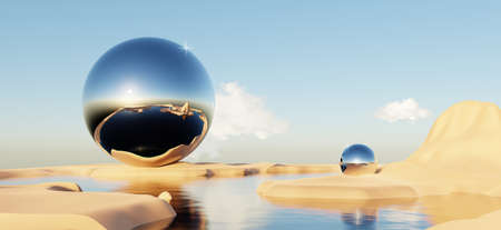 Abstract Dune cliff sand with metallic Arches and clean blue cloud sky. Surreal minimal Desert natural landscape background. Scene of Desert with glossy metallic arches geometric design. 3D Render.の写真素材