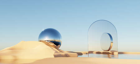 Abstract Dune cliff sand with metallic Arches and clean blue cloud sky. Surreal minimal Desert natural landscape background. Scene of Desert with glossy metallic arches geometric design. 3D Render.の写真素材