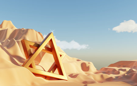 Abstract Dune cliff sand with metallic Arches and clean blue cloud sky. Surreal minimal Desert natural landscape background. Scene of Desert with glossy metallic arches geometric design. 3D Render.の写真素材