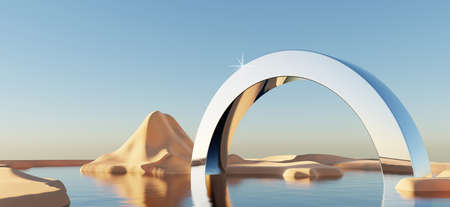 Abstract Dune cliff sand with metallic Arches and clean blue cloud sky. Surreal minimal Desert natural landscape background. Scene of Desert with glossy metallic arches geometric design. 3D Render.の写真素材
