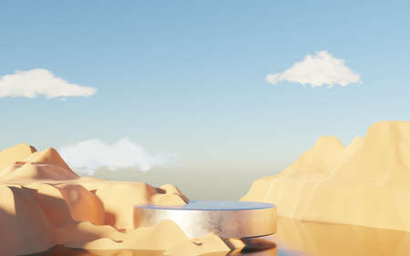 Abstract Dune cliff sand with metallic Podium stand platform. Surreal Desert natural landscape background. Scene of Desert with glossy metallic arches geometric design. 3D Render.の写真素材