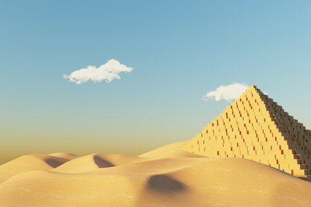 Abstract Desert Dune cliff sand with Egyptian Pyramid and clean blue sky. Surreal minimal Desert natural landscape background. Scene of Sands with glossy metallic arches geometric design. 3D Render.の写真素材