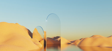 Abstract Dune cliff sand with metallic Arches and clean blue cloud sky. Surreal minimal Desert natural landscape background. Scene of Desert with glossy metallic arches geometric design. 3D Render.の写真素材