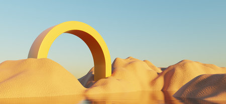 Abstract Dune cliff sand with metallic Arches and clean blue cloud sky. Surreal minimal Desert natural landscape background. Scene of Desert with glossy metallic arches geometric design. 3D Render.の写真素材
