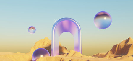 Abstract Dune cliff sand with metallic Arches and clean blue cloud sky. Surreal minimal Desert natural landscape background. Scene of Desert with glossy metallic arches geometric design. 3D Render.の写真素材