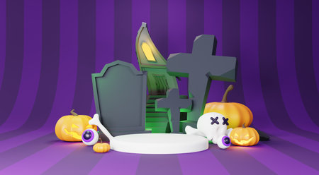3d Render, Happy Halloween Day background with Podium stand product and night scene and cute spooky design. Halloween pumpkins, skull, ghost and spider decorations on dark purple background.の写真素材