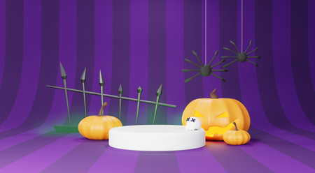 3d Render, Happy Halloween Day background with Podium stand product and night scene and cute spooky design. Halloween pumpkins, skull, ghost and spider decorations on dark purple background.の写真素材