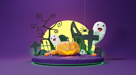 3d Render, Happy Halloween Day background with night scene and cute spooky design. Halloween pumpkins, skull, ghost and spider decorations on dark purple background. Trick or Treat party celebrate.の写真素材
