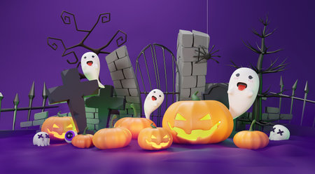 3d Render, Happy Halloween Day background with night scene and cute spooky design. Halloween pumpkins, skull, ghost and spider decorations on dark purple background. Trick or Treat party celebrate.の写真素材