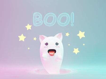 3d Render,Halloween White cute Ghost Haunt BOO! with White Modern Design and neon light. Happy Halloween Day background with night scene and cute spooky design. Trick or Treat party celebrate.の写真素材