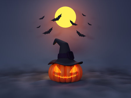 3d Render, Happy Halloween Day background with night scene and cute spooky design. Halloween pumpkins, skull, ghost and spider decorations on dark purple background. Trick or Treat party celebrate.の写真素材