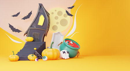 3d Render, Happy Halloween Day background with night scene and cute spooky design. Halloween pumpkins, skull, ghost and spider decorations on dark purple background. Trick or Treat party celebrate.の写真素材