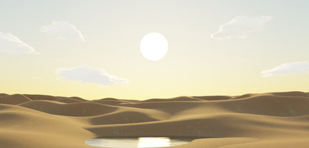 Abstract Desert Dune cliff sand with clean blue sky. Surreal minimal Desert natural landscape background. Scene of Sands with beautiful sunset design. 3D Render.の写真素材