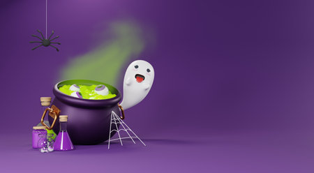 3d Render, Happy Halloween Day background with night scene and cute spooky design. Halloween pumpkins, skull, ghost and spider decorations on dark purple background. Trick or Treat party celebrate.の写真素材