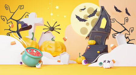 3d Render, Happy Halloween Day background with night scene and cute spooky design. Halloween pumpkins, skull, ghost and spider decorations on dark purple background. Trick or Treat party celebrate.の写真素材