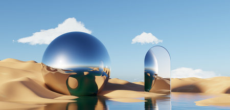 Abstract Dune cliff sand with metallic Arches and clean blue cloud sky. Surreal minimal Desert natural landscape background. Scene of Desert with glossy metallic arches geometric design. 3D Render.の写真素材
