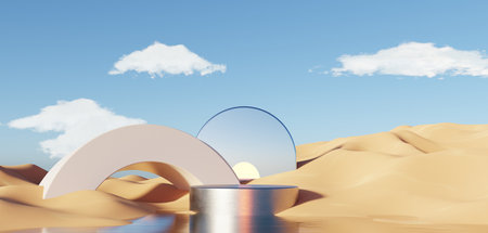 Abstract Dune cliff sand with metallic Podium stand platform. Surreal Desert natural landscape background. Scene of Desert with glossy metallic arches geometric design. 3D Render.の写真素材