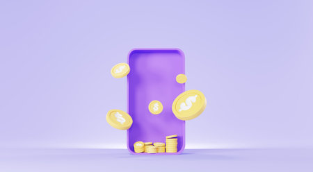 3d render of golden dollar coins stack flying out from phone in saving money for goal Concept. Minimal pastel scene. Growth financial model. Digital payment. Money Cash flow management.の写真素材