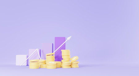 3d render of golden coins stack with growing bar graph in saving money for goal Concept. Minimal pastel scene. Growth financial modelの写真素材