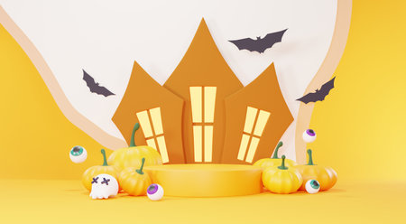 3d Render, Happy Halloween Day background with Podium stand product and night scene and cute spooky design. Halloween pumpkins, skull, ghost and spider decorations on dark orange background.の写真素材