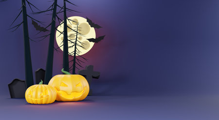 3d Render, Happy Halloween Day background with night scene and cute spooky design. Halloween pumpkins, skull, ghost and spider decorations on dark purple background. Trick or Treat party celebrate.の写真素材