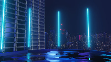 3d render of Cyber punk night city landscape concept. Light glowing on dark scene.  Night life. Technology network for 5g. Beyond generation and futuristic of Sci-Fi Capital city and building scene.の写真素材