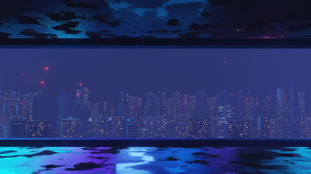 3d render of Cyber punk night city landscape concept. Light glowing on dark scene.  Night life. Technology network for 5g. Beyond generation and futuristic of Sci-Fi Capital city and building scene.の写真素材