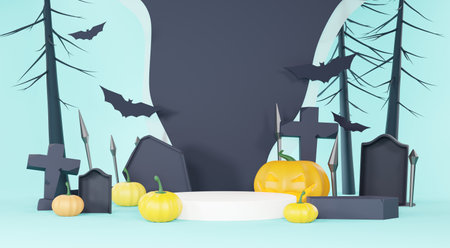 3d Render, Happy Halloween Day background with Podium stand product and night scene and cute spooky design. Halloween pumpkins, skull, ghost and spider decorations on pastel blue background.の写真素材