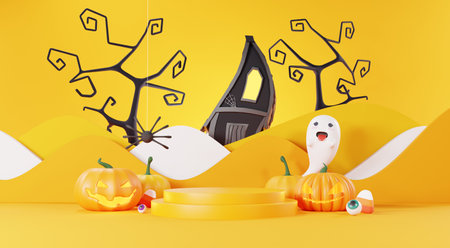 3d Render, Happy Halloween Day background with Podium stand product and night scene and cute spooky design. Halloween pumpkins, skull, ghost and spider decorations on dark orange background.の写真素材