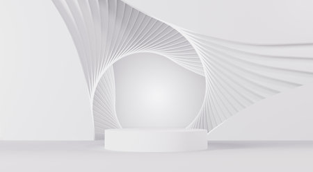 3d rendering geometric forms. Blank podium display in white marble color. Minimalist pedestal or showcase scene for present product and mock up. Abstract background for cosmetic advertising.の写真素材