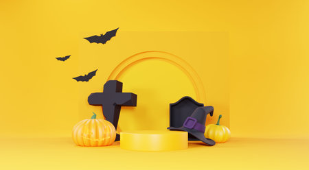 3d Render, Happy Halloween Day background with Podium stand product and night scene and cute spooky design. Halloween pumpkins, skull, ghost and spider decorations on dark orange background.の写真素材
