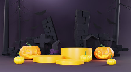 3d Render, Happy Halloween Day background with Podium stand product and night scene and cute spooky design. Halloween pumpkins, skull, ghost and spider decorations on dark purple background.の写真素材