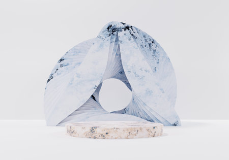 3d rendering geometric forms. Blank podium display in white marble color. Minimalist pedestal or showcase scene for present product and mock up. Abstract background for cosmetic advertising.の写真素材