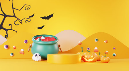 3d Render, Happy Halloween Day background with Podium stand product and night scene and cute spooky design. Halloween pumpkins, skull, ghost and spider decorations on dark orange background.の写真素材