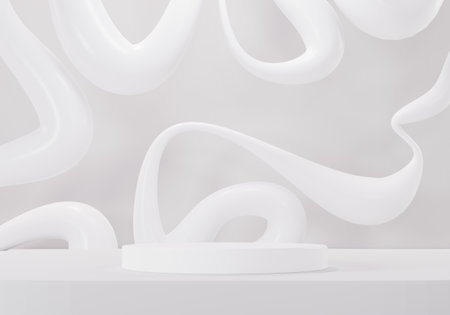 3d rendering geometric forms. Blank podium display in white marble color. Minimalist pedestal or showcase scene for present product and mock up. Abstract background for cosmetic advertising.の写真素材