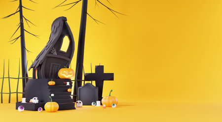 3d Render, Happy Halloween Day background with night scene and cute spooky design. Halloween pumpkins, skull, ghost and spider decorations on dark purple background. Trick or Treat party celebrate.の写真素材