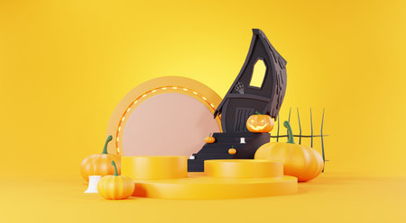 3d Render, Happy Halloween Day background with Podium stand product and night scene and cute spooky design. Halloween pumpkins, skull, ghost and spider decorations on dark orange background.の写真素材