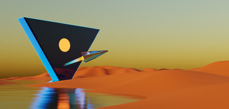 Abstract Dune cliff sand with Space triangle, spaceship and clean blue cloud sky. Surreal minimal Desert natural landscape background. Scene of Desert with Dark galaxy Triangle design.の写真素材